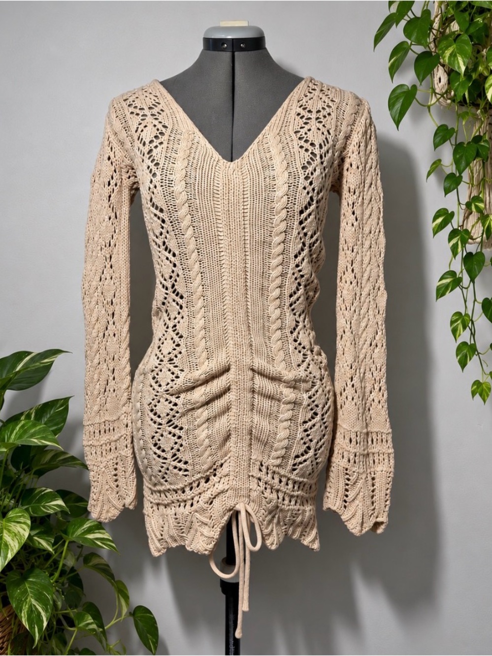 Women’s Beige Crochet Emory park mini knit dress